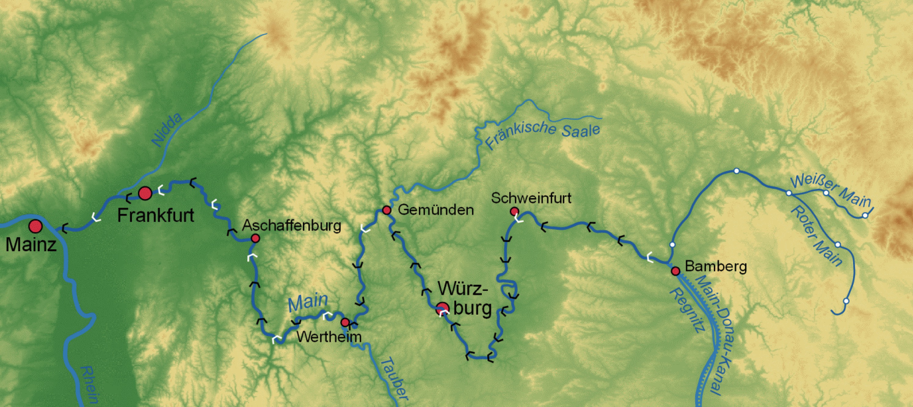 Karte des schiffbaren Mains von Mainz &uuml;ber Frankfurt, W&uuml;rzburg und Schweinfurt bis Bamberg und zum Main-Donau-Kanal