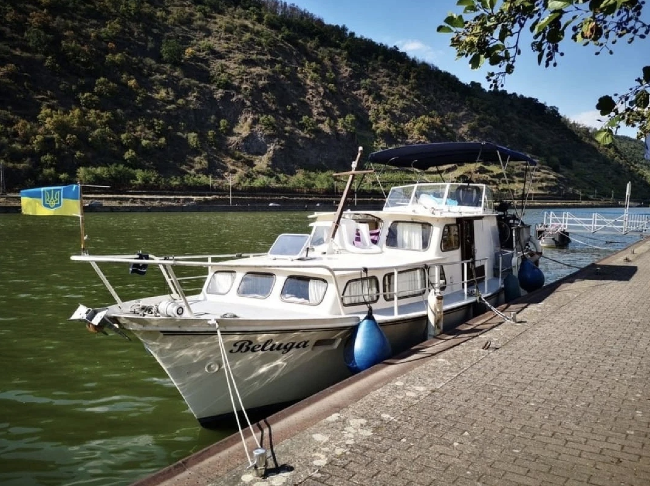 Typisches Verdr&auml;nger-Motorboot am Steg