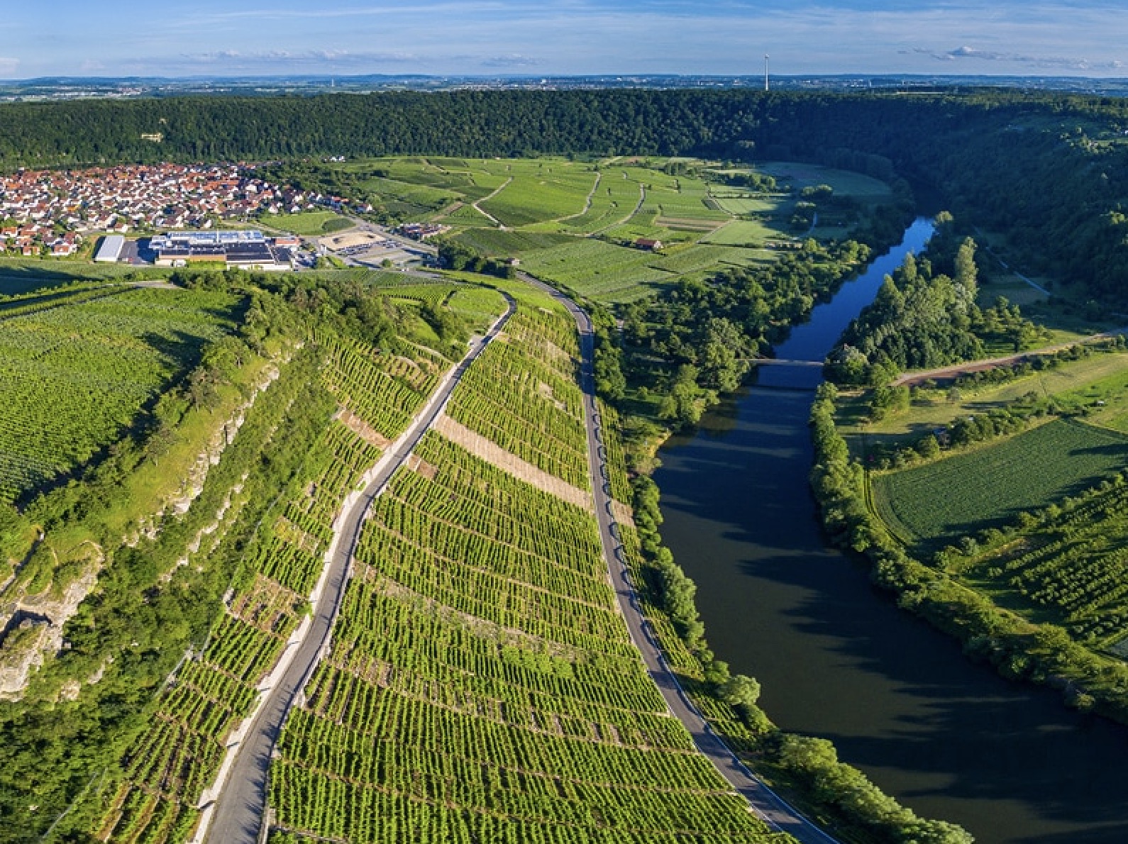 Luftbild des Neckartals mit steilen Weinbergterrassen bei Hessigheim