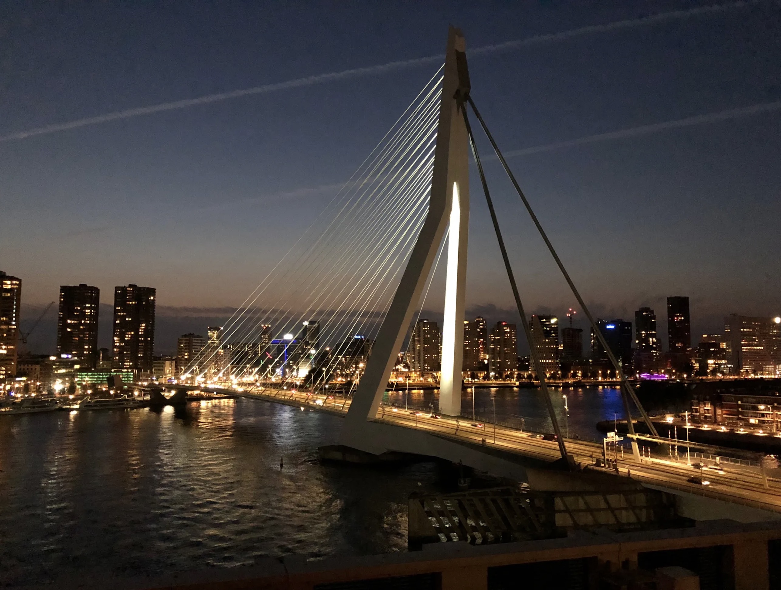 Rotterdam mit der Erasmusbr&uuml;cke an der Nieuwe Maas bei Nacht