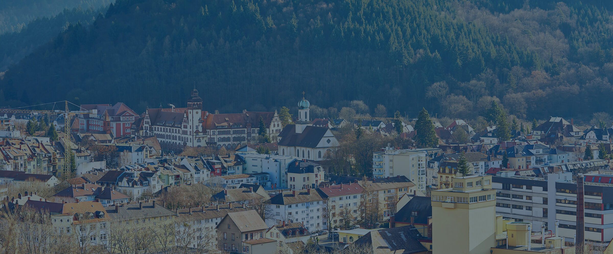 Blick &uuml;ber Freiburg mit M&uuml;nster vor den H&ouml;hen des Schwarzwalds